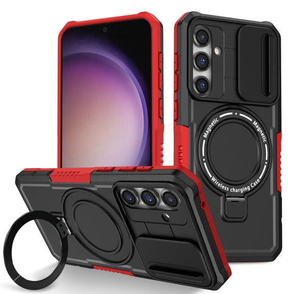 For Samsung Galaxy S23 FE 5G Sliding Camshield Magsafe Holder TPU Hybrid PC Phone Case(Black Red)