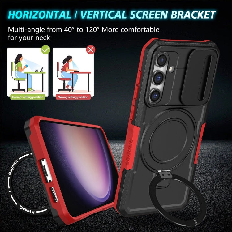 For Samsung Galaxy S23 FE 5G Sliding Camshield Magsafe Holder TPU Hybrid PC Phone Case(Black Red)