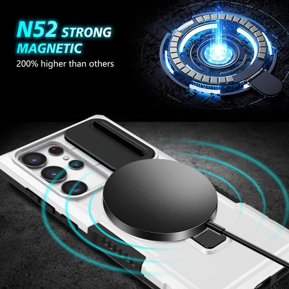 For Samsung Galaxy S23 Ultra 5G Sliding Camshield Magsafe Holder TPU Hybrid PC Phone Case(Black White)