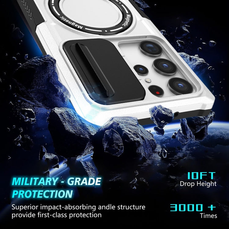 For Samsung Galaxy S23 Ultra 5G Sliding Camshield Magsafe Holder TPU Hybrid PC Phone Case(Black White)