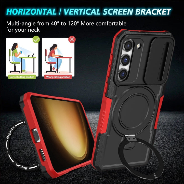 For Samsung Galaxy S23+ 5G Sliding Camshield Magsafe Holder TPU Hybrid PC Phone Case(Black Red)