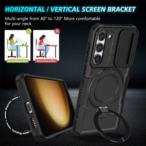 For Samsung Galaxy S23 5G Sliding Camshield Magsafe Holder TPU Hybrid PC Phone Case(Black)