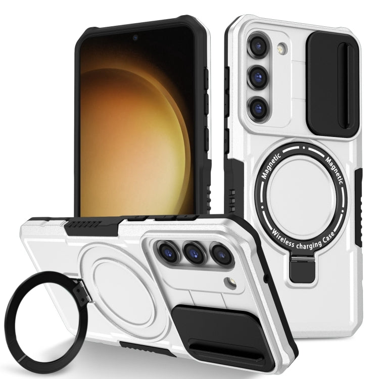 For Samsung Galaxy S23 5G Sliding Camshield Magsafe Holder TPU Hybrid PC Phone Case(Black White)