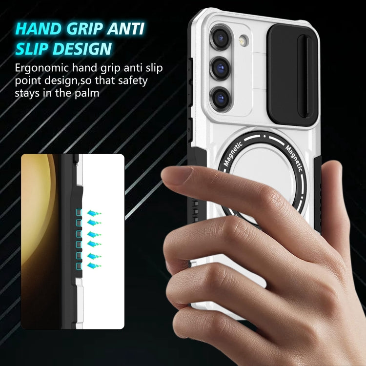 For Samsung Galaxy S23 5G Sliding Camshield Magsafe Holder TPU Hybrid PC Phone Case(Black White)