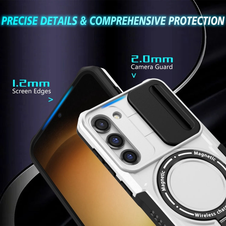 For Samsung Galaxy S23 5G Sliding Camshield Magsafe Holder TPU Hybrid PC Phone Case(Black White)