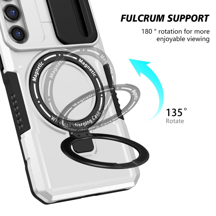For Samsung Galaxy S23 5G Sliding Camshield Magsafe Holder TPU Hybrid PC Phone Case(Black White)