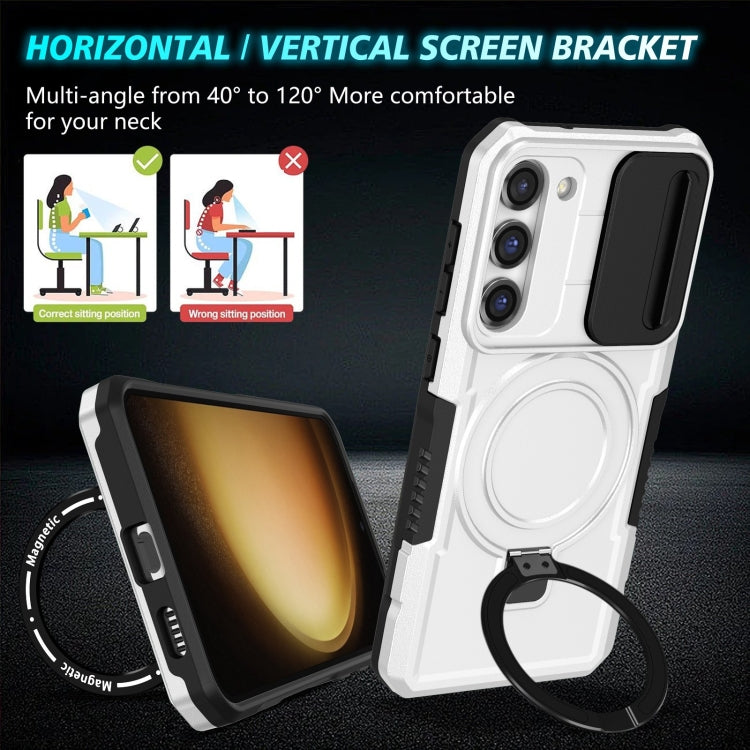 For Samsung Galaxy S23 5G Sliding Camshield Magsafe Holder TPU Hybrid PC Phone Case(Black White)