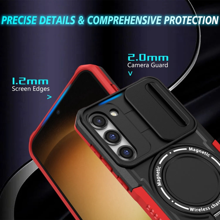 For Samsung Galaxy S23 5G Sliding Camshield Magsafe Holder TPU Hybrid PC Phone Case(Black Red)