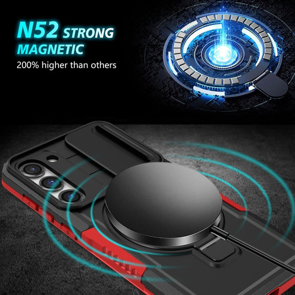 For Samsung Galaxy S23 5G Sliding Camshield Magsafe Holder TPU Hybrid PC Phone Case(Black Red)