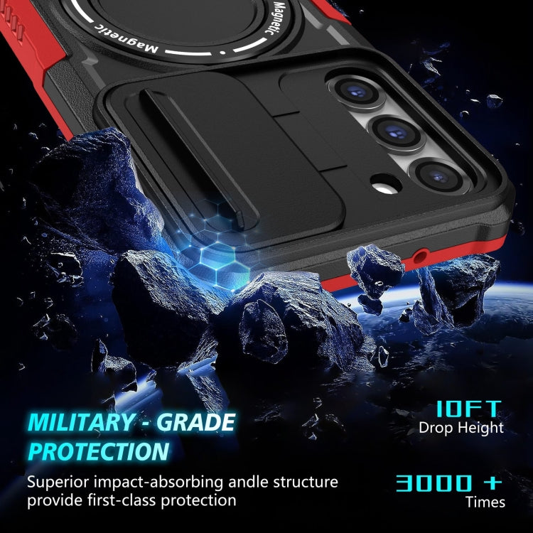 For Samsung Galaxy S23 5G Sliding Camshield Magsafe Holder TPU Hybrid PC Phone Case(Black Red)