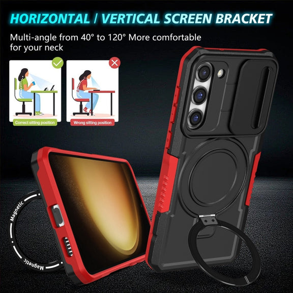 For Samsung Galaxy S23 5G Sliding Camshield Magsafe Holder TPU Hybrid PC Phone Case(Black Red)