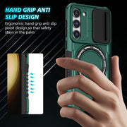 For Samsung Galaxy S23 5G Sliding Camshield Magsafe Holder TPU Hybrid PC Phone Case(Deep Green)