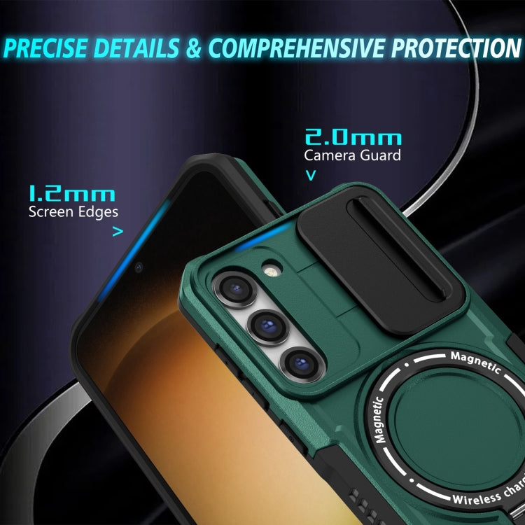 For Samsung Galaxy S23 5G Sliding Camshield Magsafe Holder TPU Hybrid PC Phone Case(Deep Green)