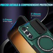 For Samsung Galaxy S23 5G Sliding Camshield Magsafe Holder TPU Hybrid PC Phone Case(Deep Green)