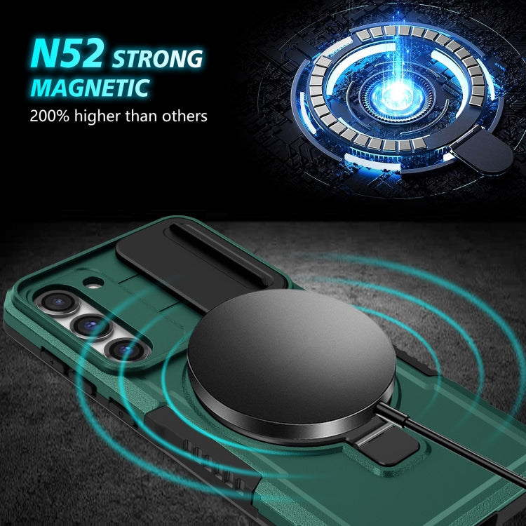 For Samsung Galaxy S23 5G Sliding Camshield Magsafe Holder TPU Hybrid PC Phone Case(Deep Green)