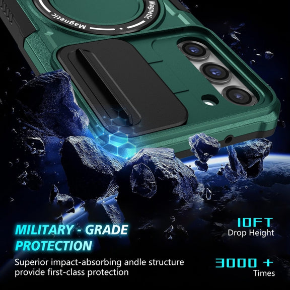 For Samsung Galaxy S23 5G Sliding Camshield Magsafe Holder TPU Hybrid PC Phone Case(Deep Green)