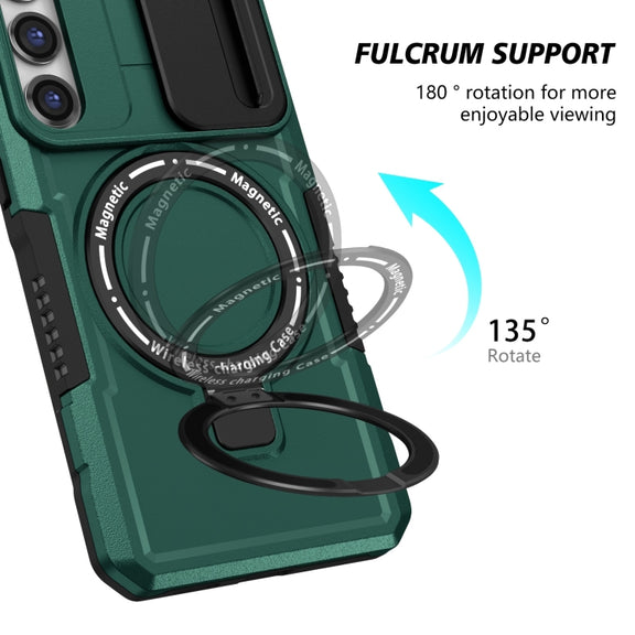 For Samsung Galaxy S23 5G Sliding Camshield Magsafe Holder TPU Hybrid PC Phone Case(Deep Green)