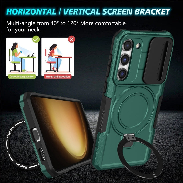 For Samsung Galaxy S23 5G Sliding Camshield Magsafe Holder TPU Hybrid PC Phone Case(Deep Green)