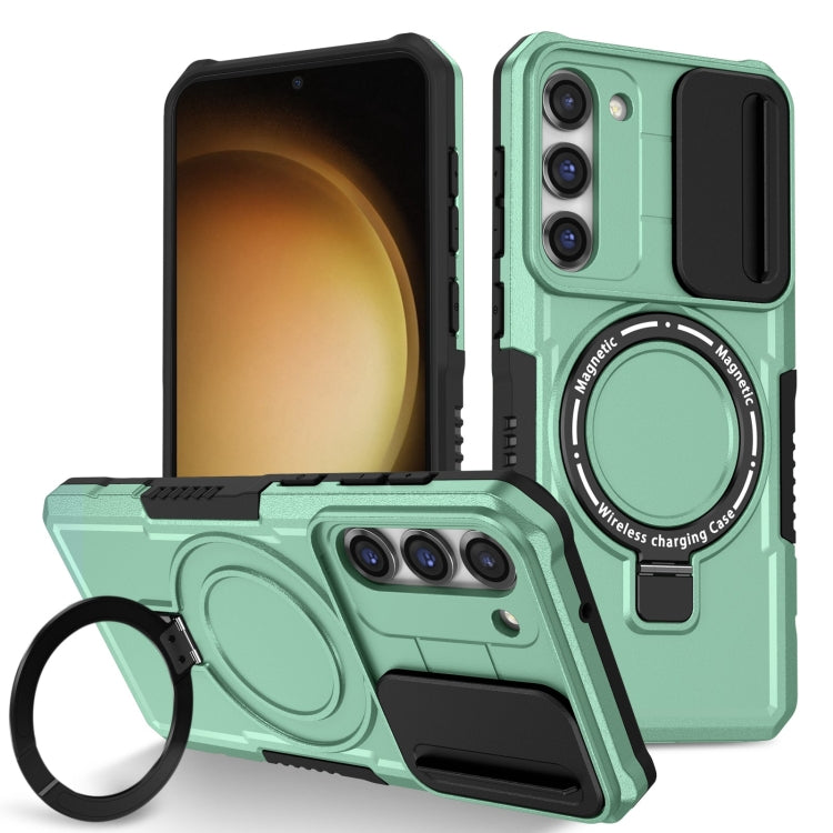 For Samsung Galaxy S23 5G Sliding Camshield Magsafe Holder TPU Hybrid PC Phone Case(Light Blue)