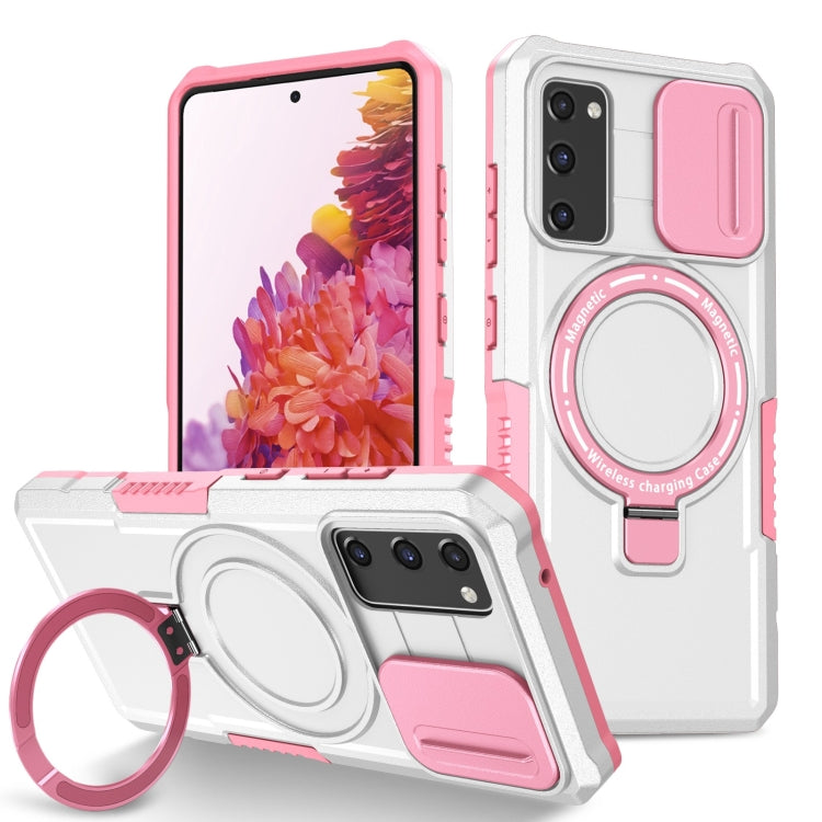 For Samsung Galaxy S20 FE Sliding Camshield Magsafe Holder TPU Hybrid PC Phone Case(Pink White)