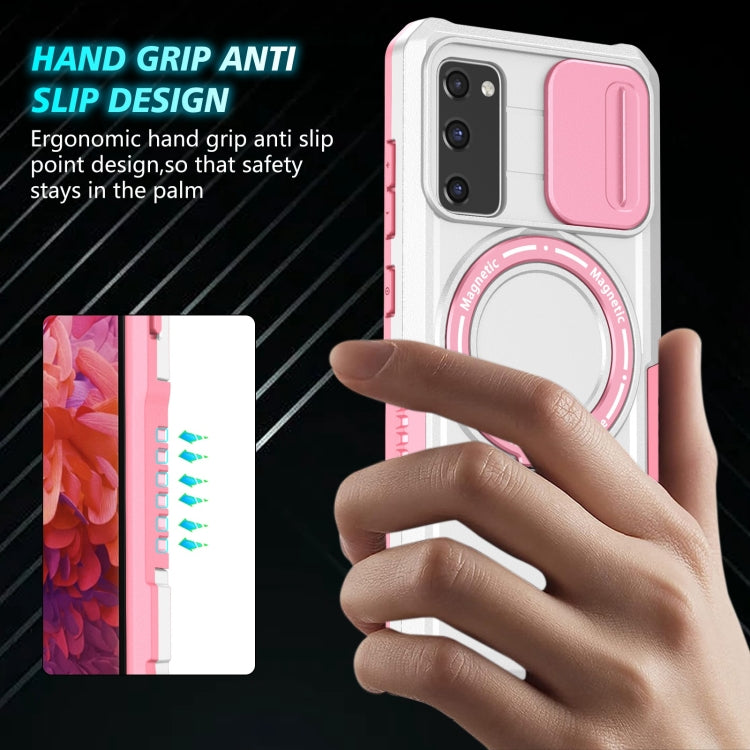 For Samsung Galaxy S20 FE Sliding Camshield Magsafe Holder TPU Hybrid PC Phone Case(Pink White)