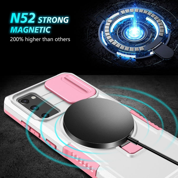 For Samsung Galaxy S20 FE Sliding Camshield Magsafe Holder TPU Hybrid PC Phone Case(Pink White)