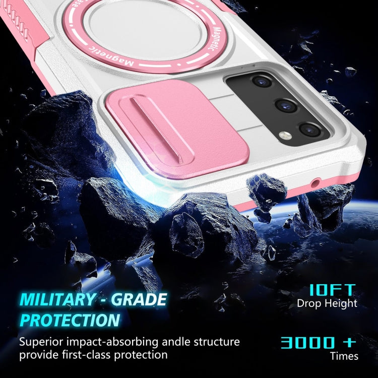 For Samsung Galaxy S20 FE Sliding Camshield Magsafe Holder TPU Hybrid PC Phone Case(Pink White)