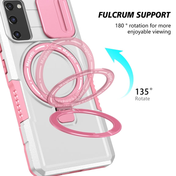 For Samsung Galaxy S20 FE Sliding Camshield Magsafe Holder TPU Hybrid PC Phone Case(Pink White)