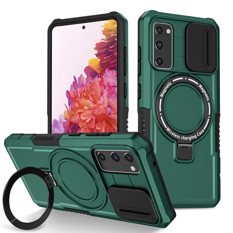 For Samsung Galaxy S20 FE Sliding Camshield Magsafe Holder TPU Hybrid PC Phone Case(Deep Green)