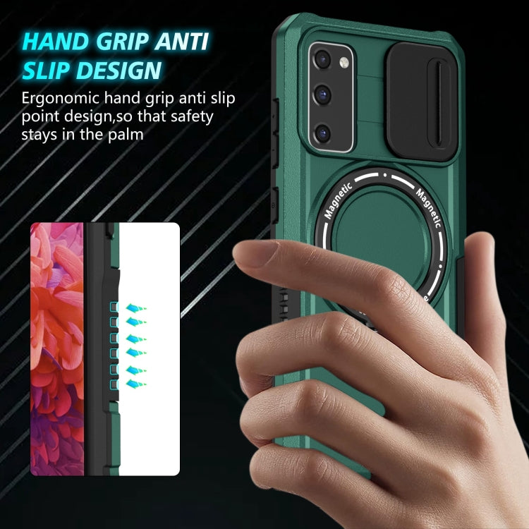 For Samsung Galaxy S20 FE Sliding Camshield Magsafe Holder TPU Hybrid PC Phone Case(Deep Green)