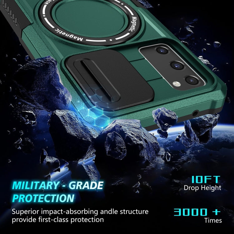 For Samsung Galaxy S20 FE Sliding Camshield Magsafe Holder TPU Hybrid PC Phone Case(Deep Green)