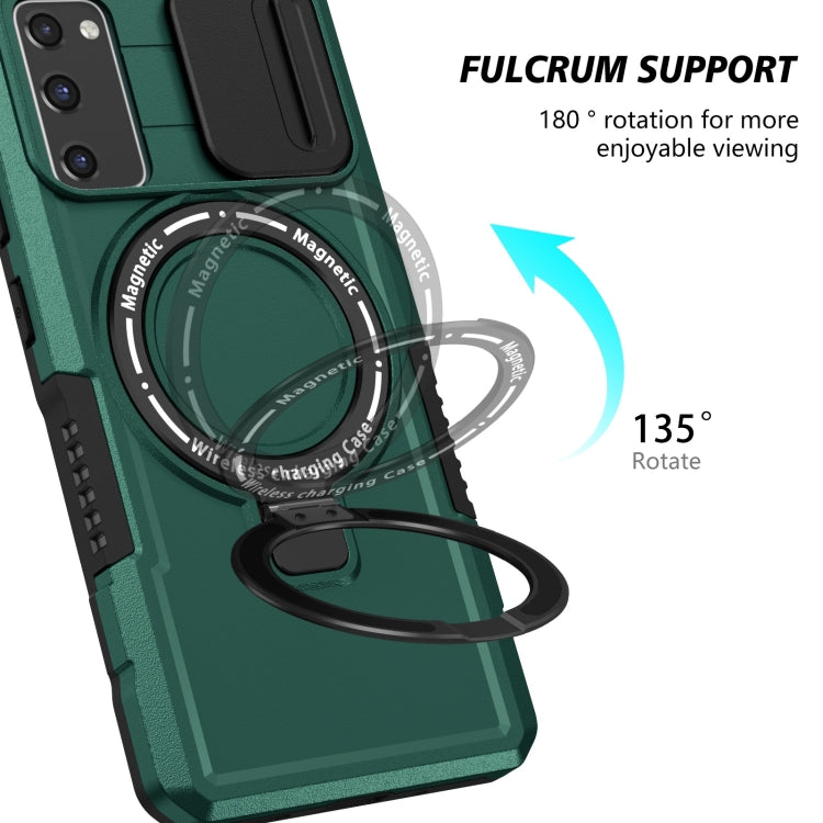 For Samsung Galaxy S20 FE Sliding Camshield Magsafe Holder TPU Hybrid PC Phone Case(Deep Green)