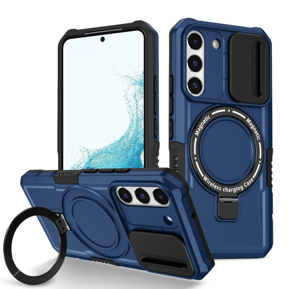 For Samsung Galaxy S22 5G Sliding Camshield Magsafe Holder TPU Hybrid PC Phone Case(Royal Blue)