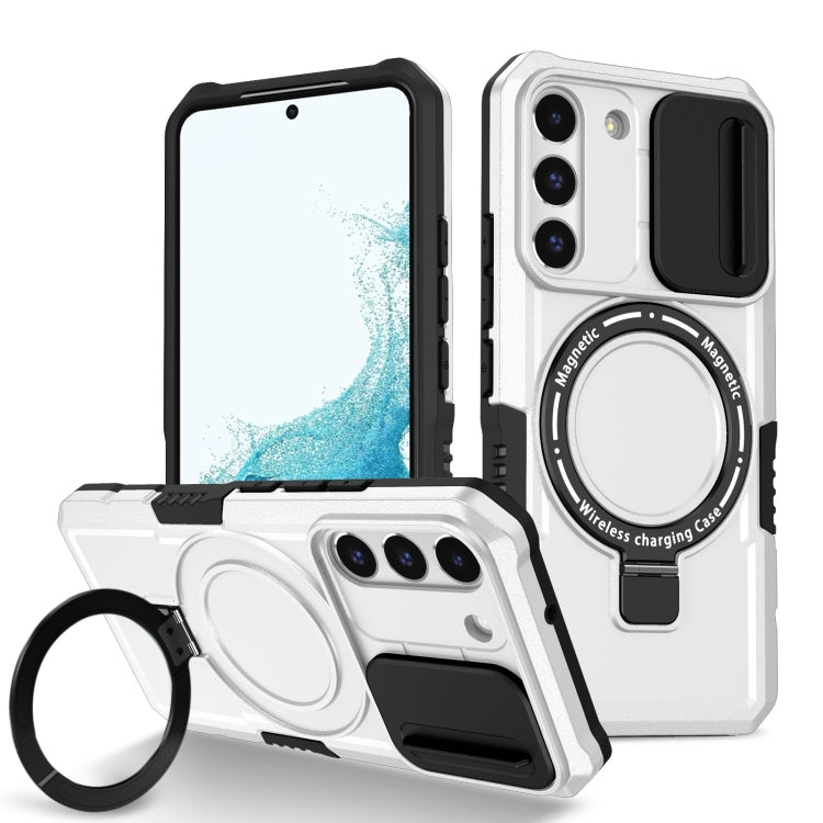 For Samsung Galaxy S22 5G Sliding Camshield Magsafe Holder TPU Hybrid PC Phone Case(Black White)