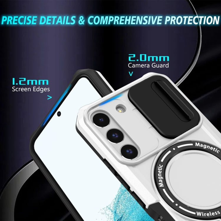 For Samsung Galaxy S22 5G Sliding Camshield Magsafe Holder TPU Hybrid PC Phone Case(Black White)