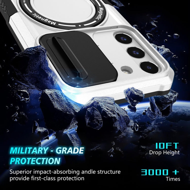 For Samsung Galaxy S22 5G Sliding Camshield Magsafe Holder TPU Hybrid PC Phone Case(Black White)