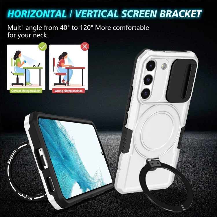 For Samsung Galaxy S22 5G Sliding Camshield Magsafe Holder TPU Hybrid PC Phone Case(Black White)