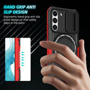 For Samsung Galaxy S22 5G Sliding Camshield Magsafe Holder TPU Hybrid PC Phone Case(Black Red)