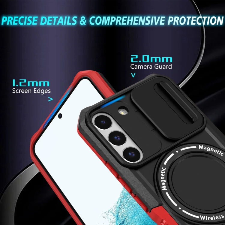 For Samsung Galaxy S22 5G Sliding Camshield Magsafe Holder TPU Hybrid PC Phone Case(Black Red)