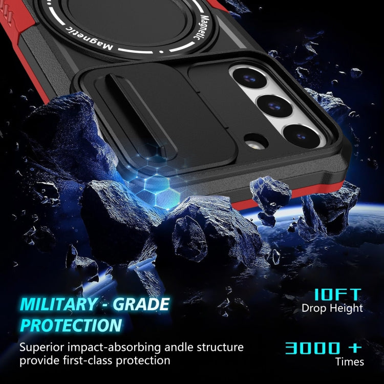 For Samsung Galaxy S22 5G Sliding Camshield Magsafe Holder TPU Hybrid PC Phone Case(Black Red)