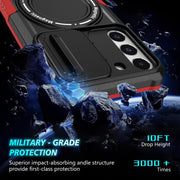 For Samsung Galaxy S22 5G Sliding Camshield Magsafe Holder TPU Hybrid PC Phone Case(Black Red)