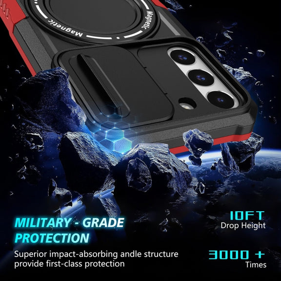 For Samsung Galaxy S22 5G Sliding Camshield Magsafe Holder TPU Hybrid PC Phone Case(Black Red)