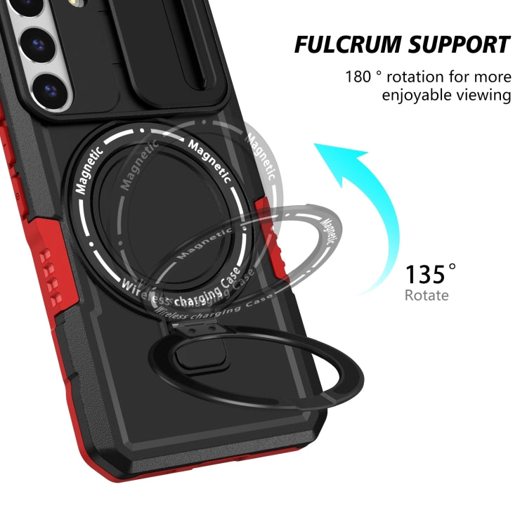 For Samsung Galaxy S22 5G Sliding Camshield Magsafe Holder TPU Hybrid PC Phone Case(Black Red)