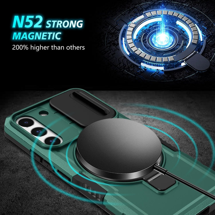 For Samsung Galaxy S22 5G Sliding Camshield Magsafe Holder TPU Hybrid PC Phone Case(Deep Green)