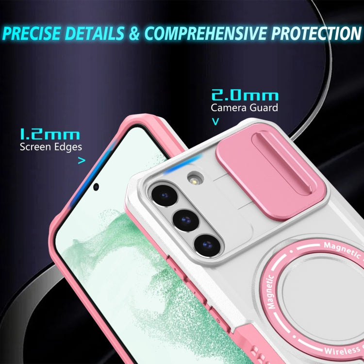 For Samsung Galaxy S22+ 5G Sliding Camshield Magsafe Holder TPU Hybrid PC Phone Case(Pink White)