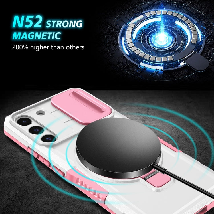 For Samsung Galaxy S22+ 5G Sliding Camshield Magsafe Holder TPU Hybrid PC Phone Case(Pink White)