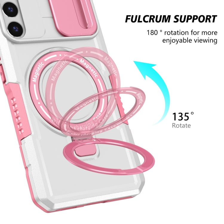 For Samsung Galaxy S22+ 5G Sliding Camshield Magsafe Holder TPU Hybrid PC Phone Case(Pink White)