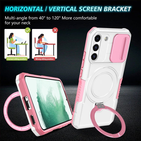 For Samsung Galaxy S22+ 5G Sliding Camshield Magsafe Holder TPU Hybrid PC Phone Case(Pink White)
