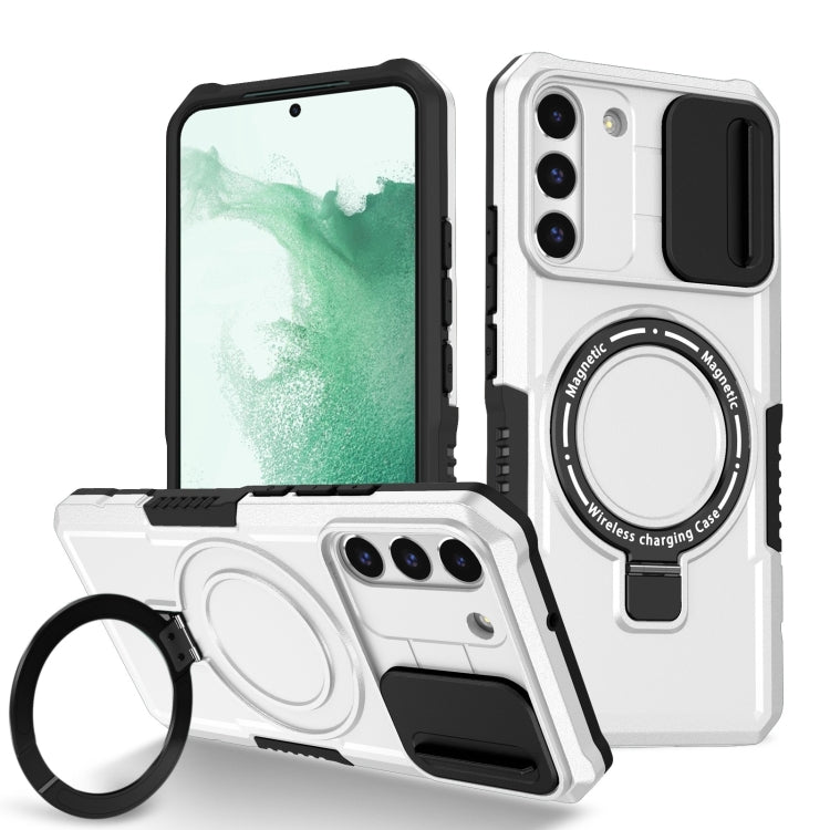 For Samsung Galaxy S22+ 5G Sliding Camshield Magsafe Holder TPU Hybrid PC Phone Case(Black White)