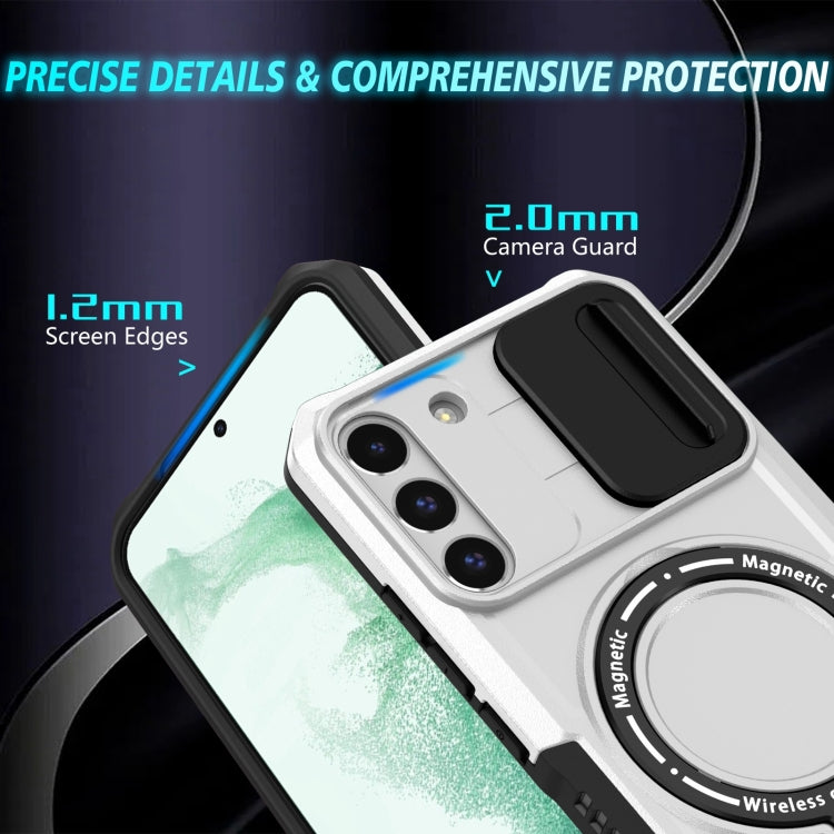 For Samsung Galaxy S22+ 5G Sliding Camshield Magsafe Holder TPU Hybrid PC Phone Case(Black White)